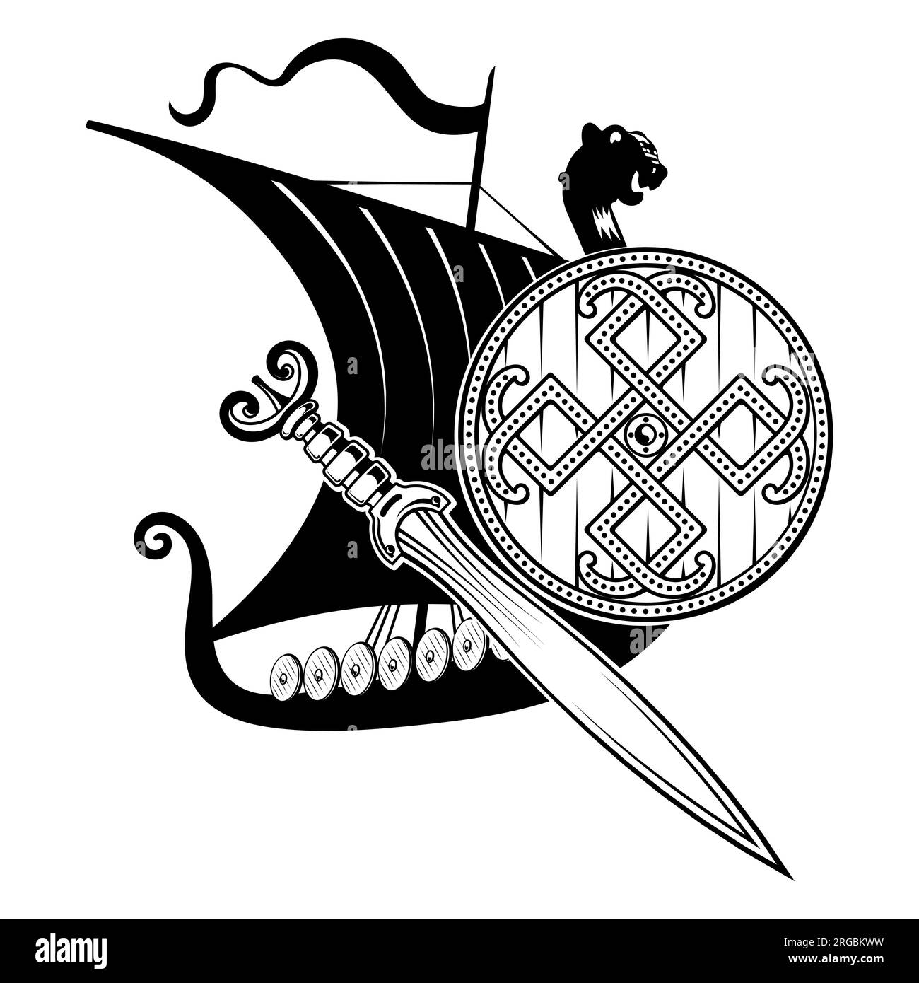 Design scandinave ancien. Navire viking Drakkar, épée, bouclier et motif Old Norse Illustration de Vecteur