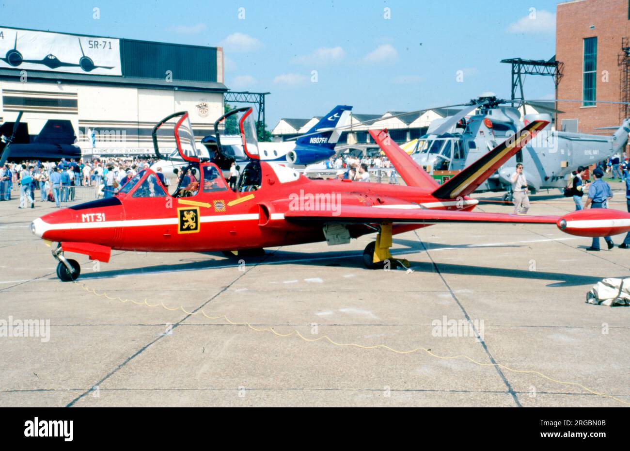 Force Eyrienne Belge - Fouga cm.170R Magister MT31 (msn 288) de l'équipe d'exposition acrobatique des Diables rouges, à la RAF Mildenhall le 28 mai 1988. (Force Eyrienne Belge - Force aérienne belge) Banque D'Images
