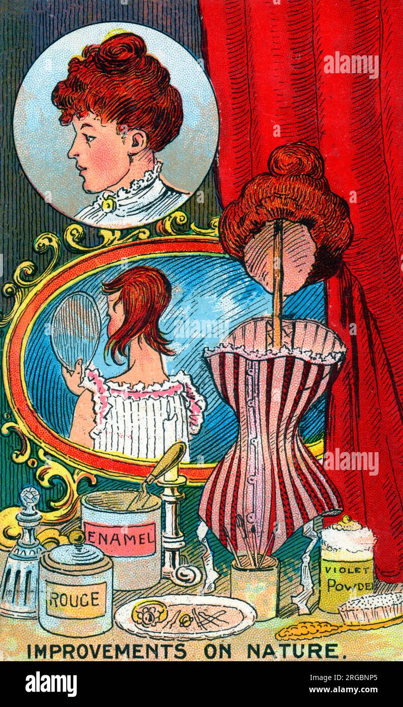 Comic Postcard - améliorations sur la nature - cheveux et maquillage (rouge, émail, poudre violette, un corset et une perruque) - tout le nécessaire pour «transformer» son apparence. Banque D'Images