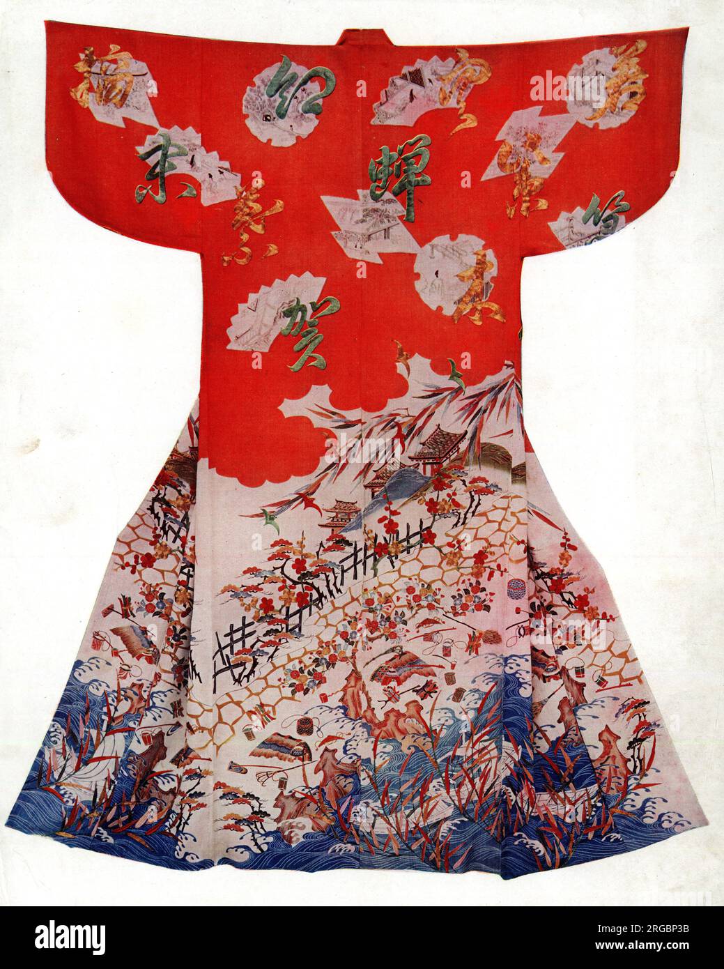 Costume traditionnel japonais - kimono en rouge, blanc et bleu, avec conception de paysage et de bâtiments Banque D'Images