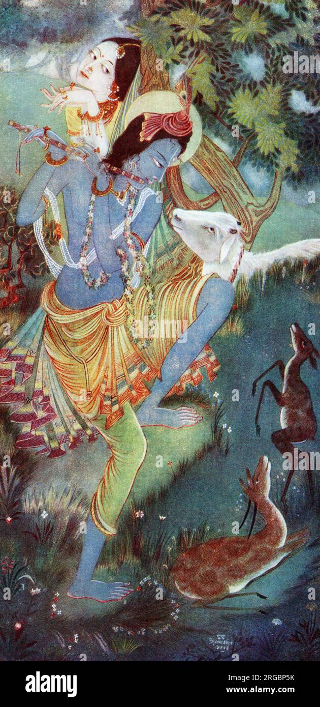 Krishna jouant de la flûte, peinture par Ranada Ukil Banque D'Images