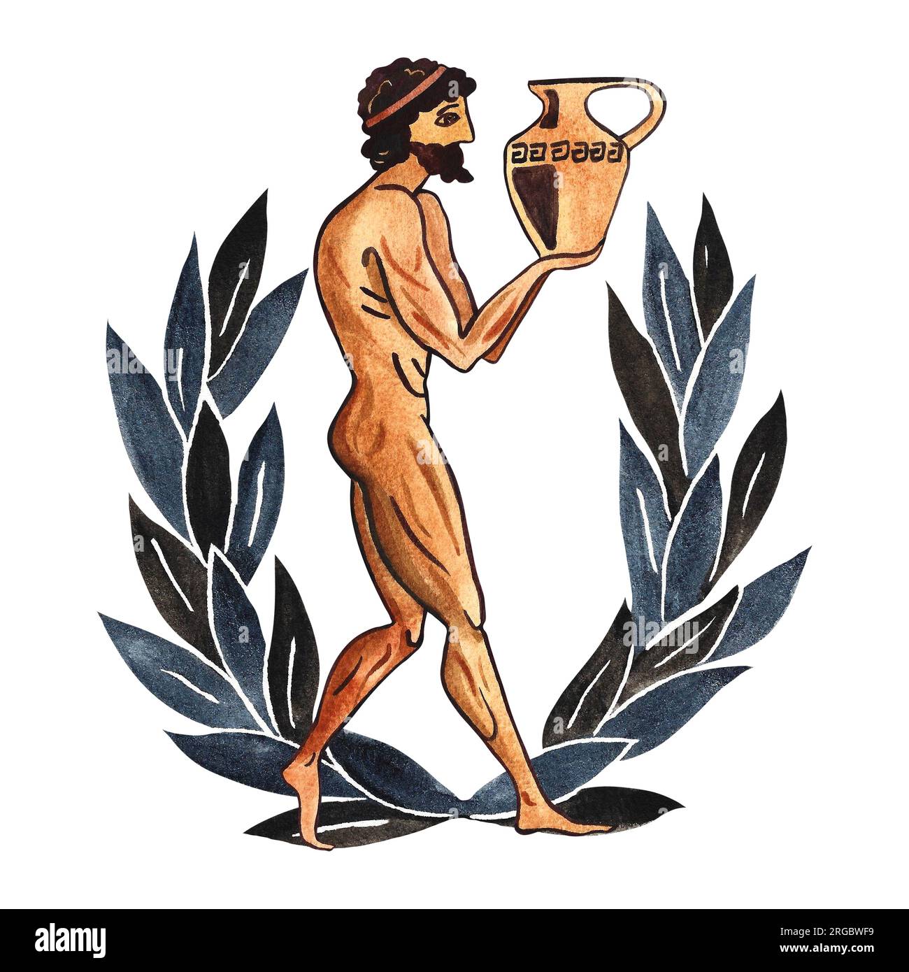 Composition avec des athlètes grecs anciens avec amphore et couronne de Laurier. Dans le style de la peinture d'art grec ancien. Illustration à l'aquarelle dessinée à la main. Banque D'Images
