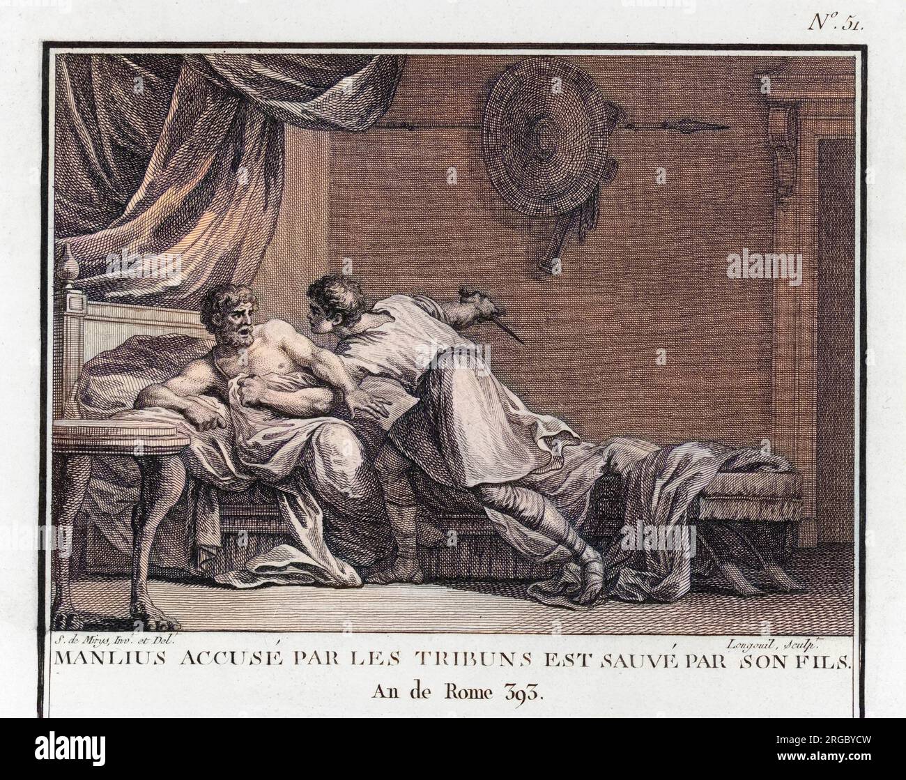 Titus Manlius Torquatus, armé d'un couteau, force la tribune Marcus Pomponius à retirer les accusations portées contre son père Lucius, qui préparait des préparations impopulaires à la guerre. Banque D'Images