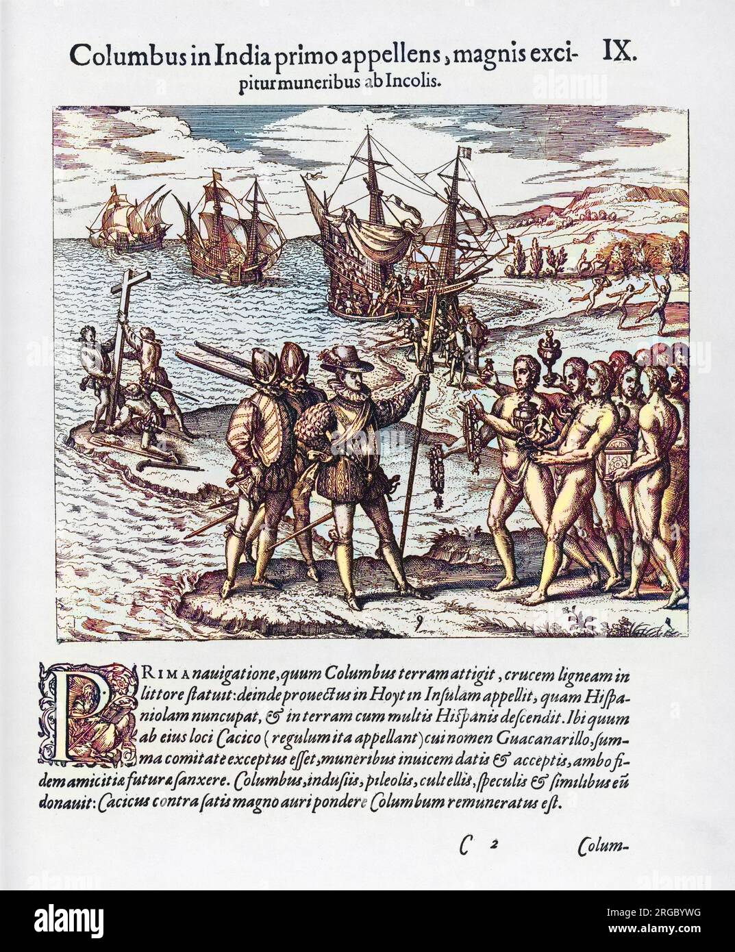 Christophe Colomb débarque sur Guanahani, rebaptisé San Salvador, maintenant connu sous le nom de Watlings Island. Banque D'Images