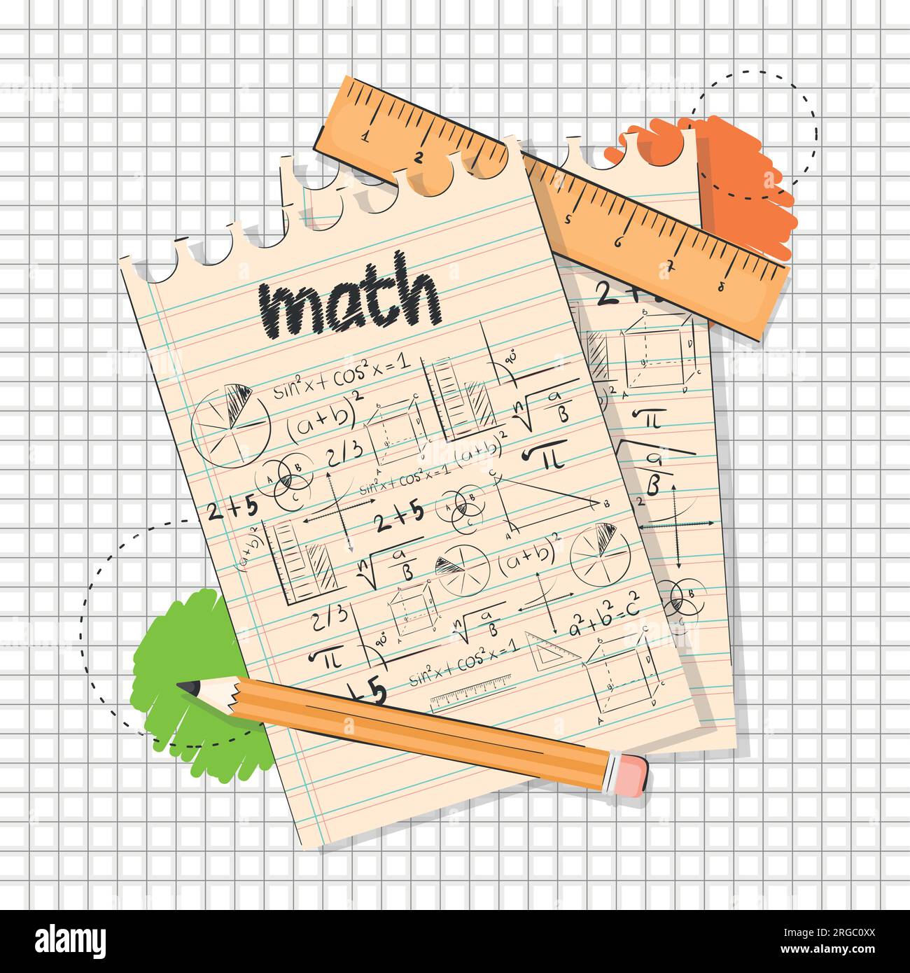 Paire de papiers avec des formules mathématiques et un crayon classe Math  concept Vector Image Vectorielle Stock - Alamy