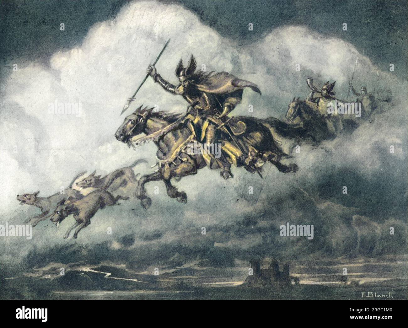Une troupe de cavaliers norses et leurs chiens gallotent à travers le ciel nocturne à la poursuite de leur proie... Banque D'Images
