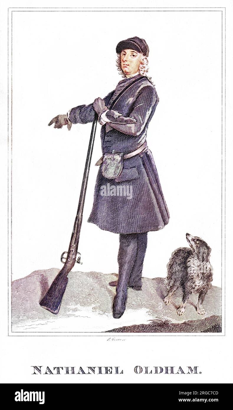 NATHANIEL OLDHAM antique, « collecteur extravagant de curiosités » représenté en mode de chasse, avec un chien curieux ou appréhensif. Banque D'Images