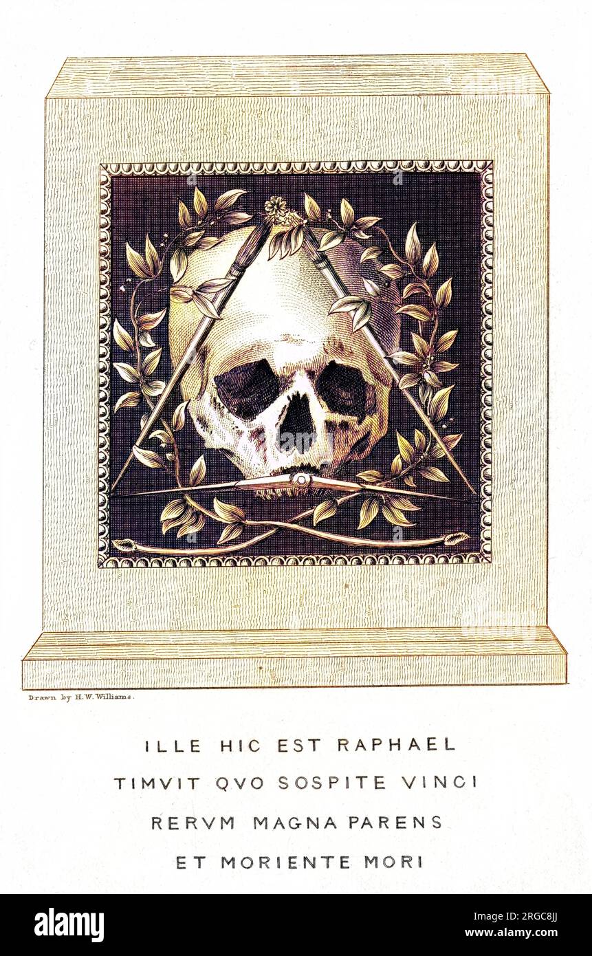 Le crâne de RAFFAELLE SANZIO tel qu'il est exposé dans l'accademia di San Luco, Rome. Banque D'Images