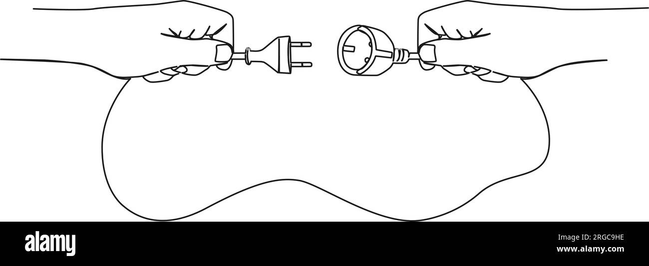dessin continu à une seule ligne des mains tenant la rallonge, la fiche électrique et la prise de courant illustration vectorielle de ligne Illustration de Vecteur