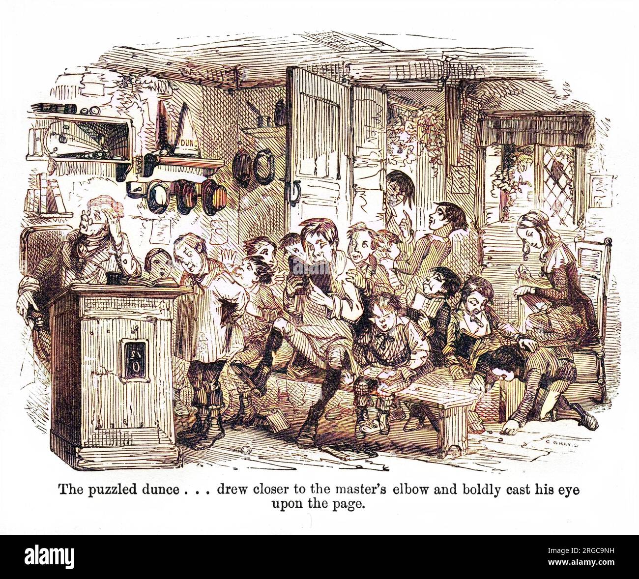 The Old Curiosity Shop de Charles Dickens, d'abord publié dans la série hebdomadaire Master Humphrey's Clock de 1840 à 1841 et ensuite comme son propre livre en 1841. Le jeu de dunce perplexe ... s'est rapproché du coude du maître et a vigoureusement jeté son œil sur la page. Banque D'Images