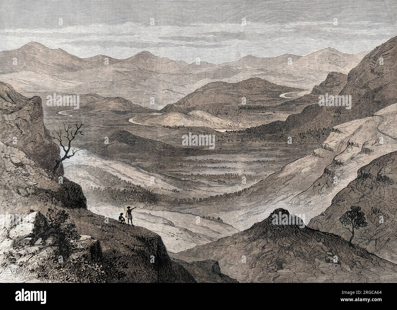 D'un croquis du major North Crealock, 95th Regiment, Secrétaire militaire adjoint. Scène panoramique du pays vallonné sur la frontière Zululand/Natal. Banque D'Images