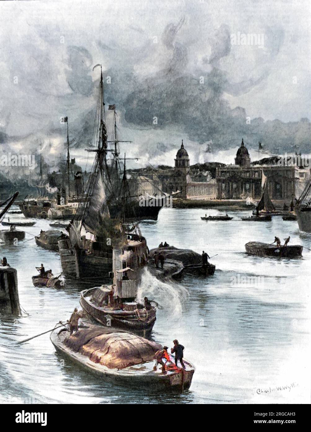 Vue sur la Tamise, de l'île des chiens, en direction de l'hôpital naval de Greenwich, Londres. Plusieurs briquets, un remorqueur à vapeur, une barge à voile et un grand bateau à vapeur à aubes sont visibles dans la rivière. Banque D'Images