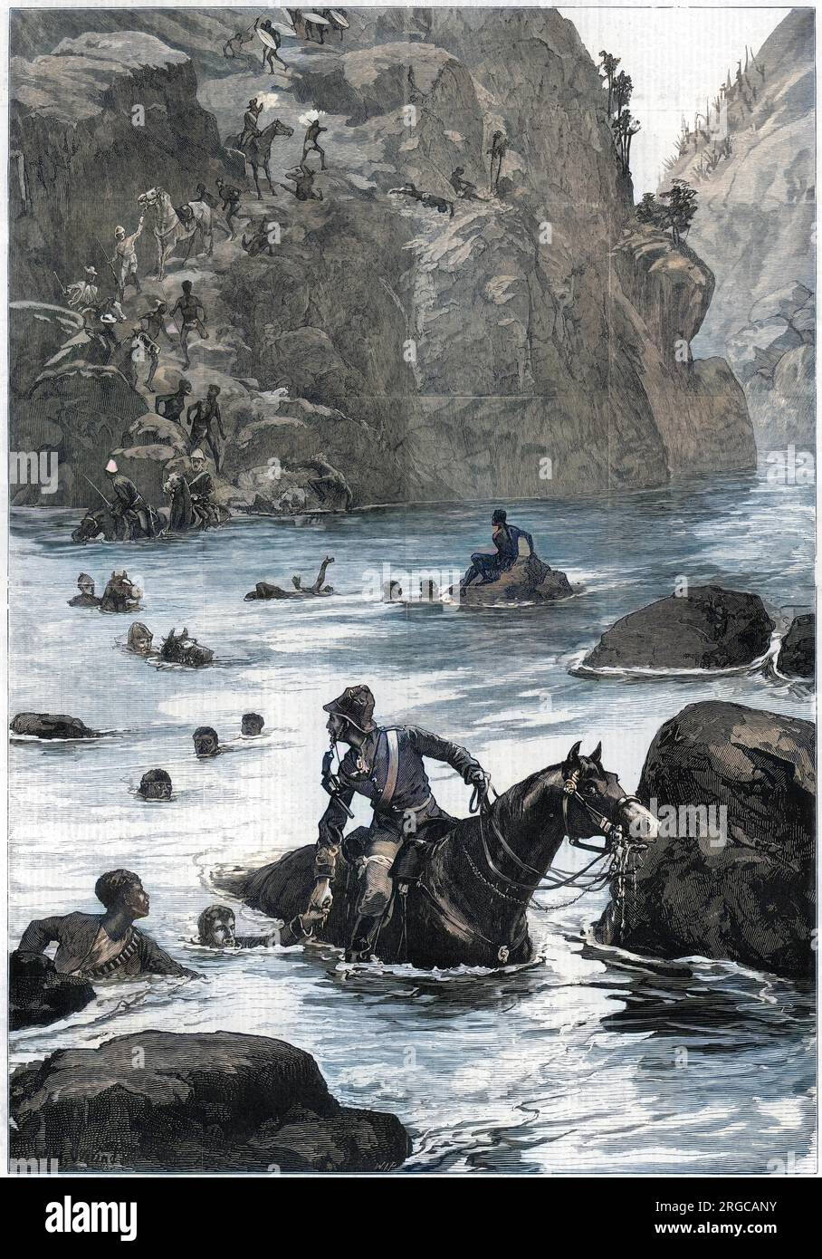 La guerre de Zulu : retrait des forces britanniques de leur défaite à Isandlwana, en face de la rivière Buffalo ; les soldats croissent avec des chevaux, d'autres hommes nagent. Banque D'Images