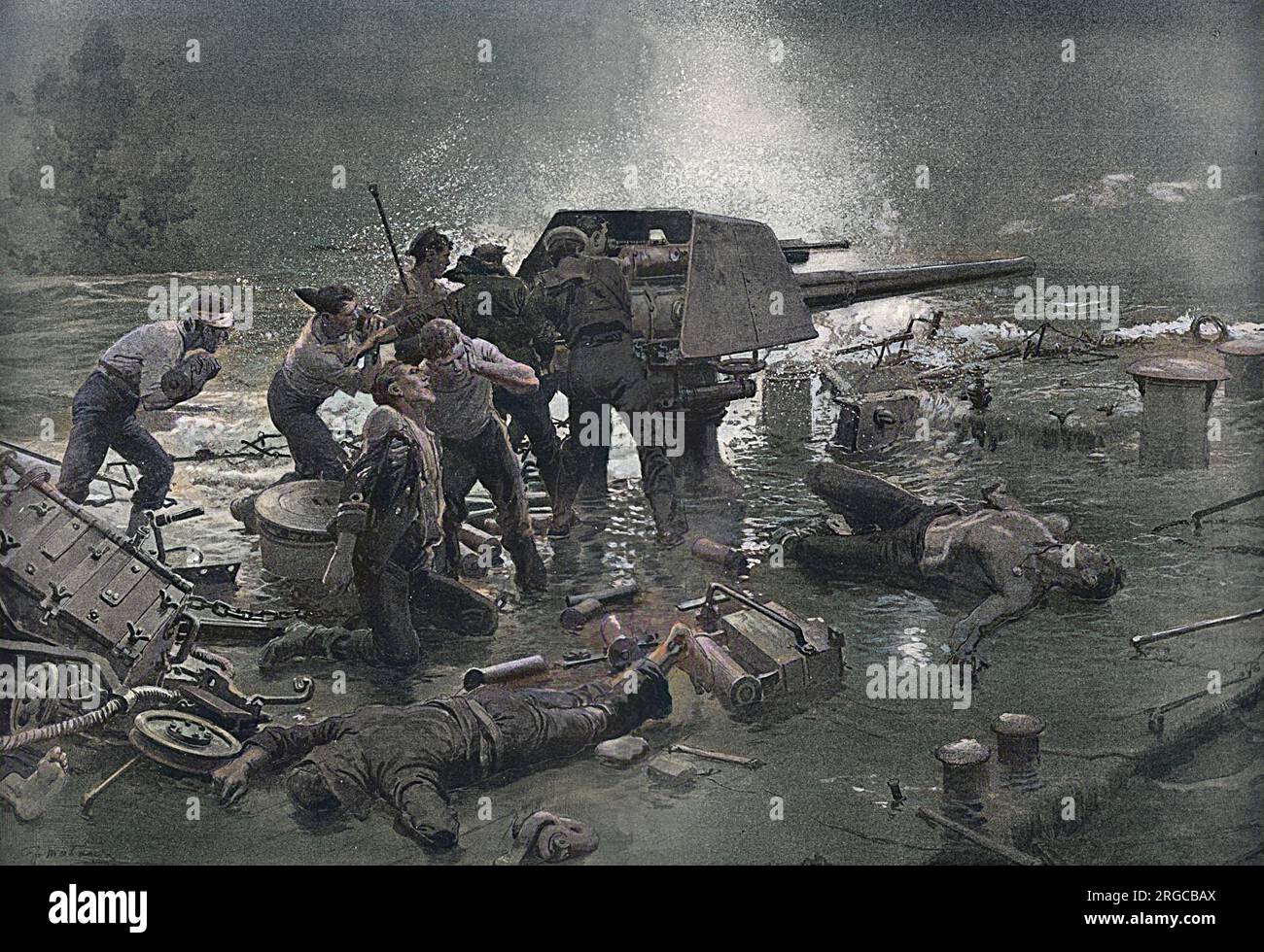 Un groupe de marins-armés britanniques s'est mis à tirer un dernier coup de feu sur un navire allemand alors que leur propre navire coule sous eux. La légende note que c'était un événement commun avec les croiseurs légers et les destroyers où leur construction légère les rendait responsables de la destruction par une seule coquille de dimensions modérées. Par exemple, huit destroyers ont été perdus à la bataille de Jutland. Banque D'Images