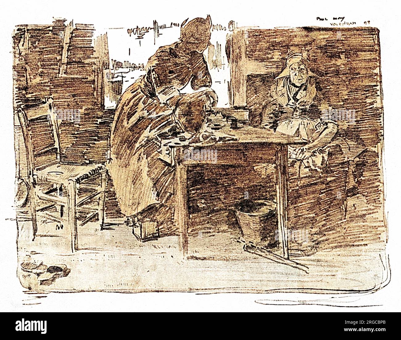 L'intérieur d'un cottage hollandais traditionnel à Volendam - une femme néerlandaise parlant à sa mère assise Banque D'Images