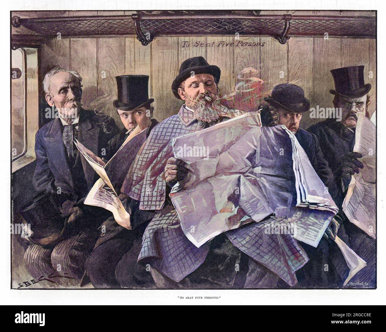 'Pour asseoir cinq personness' les messieurs luttent pour lire leurs journaux dans un train surpeuplé. Banque D'Images