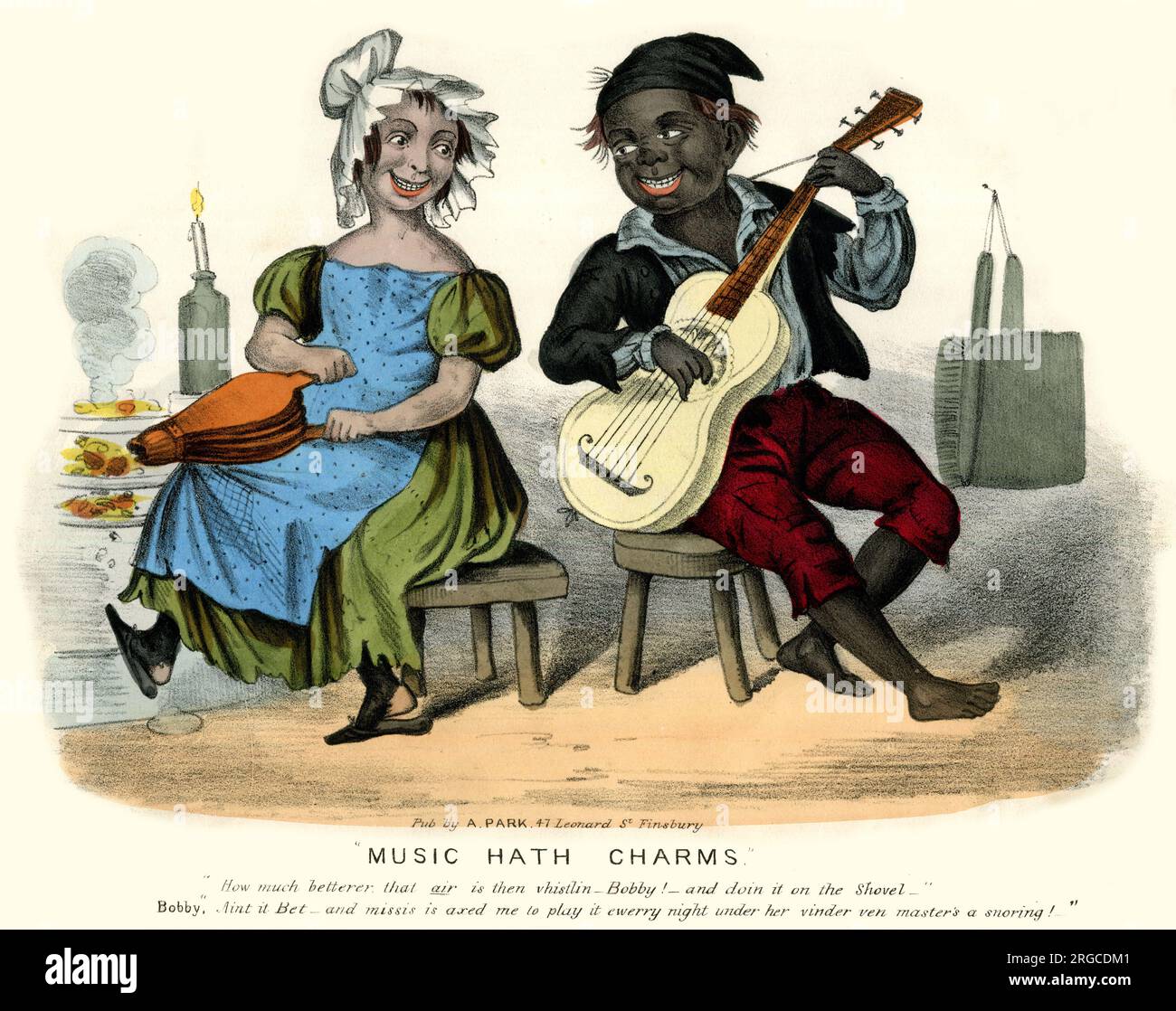 Bande dessinée géorgienne, musique Hath Charms, homme noir jouant de la guitare à une femme de cuisine Banque D'Images