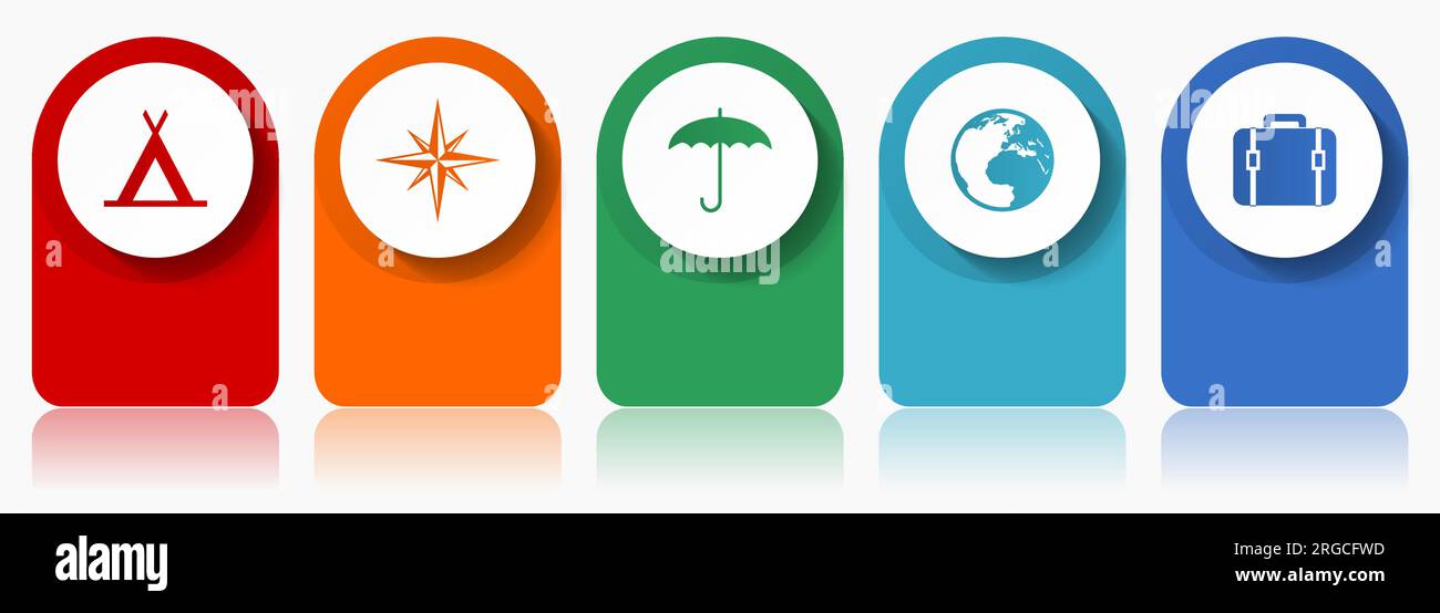Jeu d'icônes d'aventure, conception plate diverses icônes colorées telles que tente, navigation, parapluie, globe et étui pour la conception Web et les applications mobiles, Illustration de Vecteur
