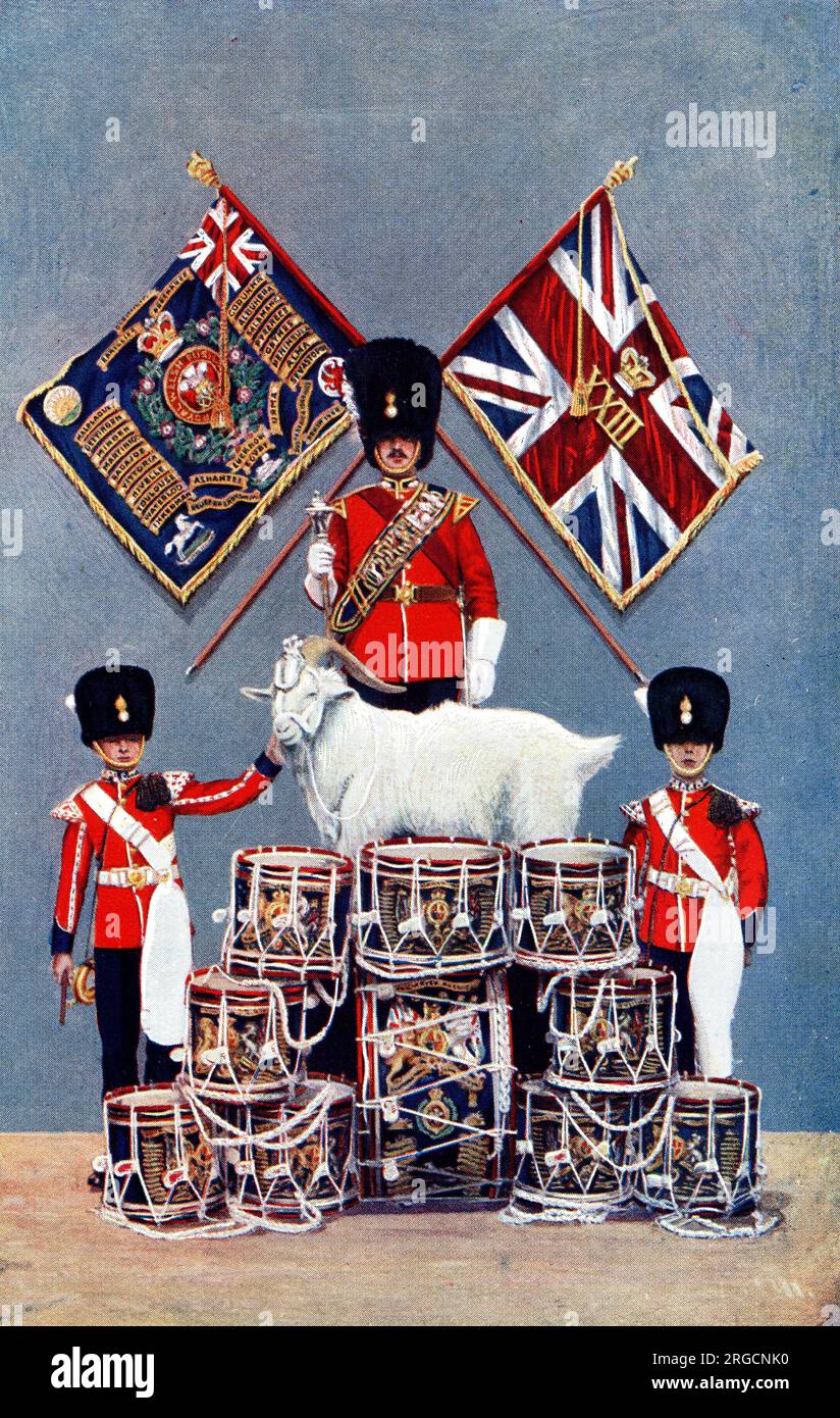 Couleurs, tambours et mascotte de chèvre des Fusiliers Royal Welsh Banque D'Images