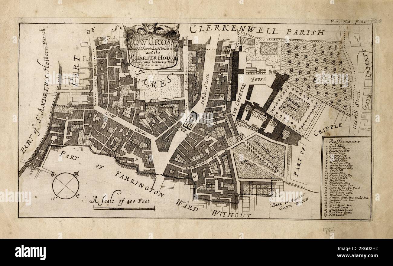 Carte de la région de Farringdon à Londres en 1755 : Cowcross Street, St John Street et la Charterhouse avec Clerkenwell Parish au nord-ouest. Banque D'Images