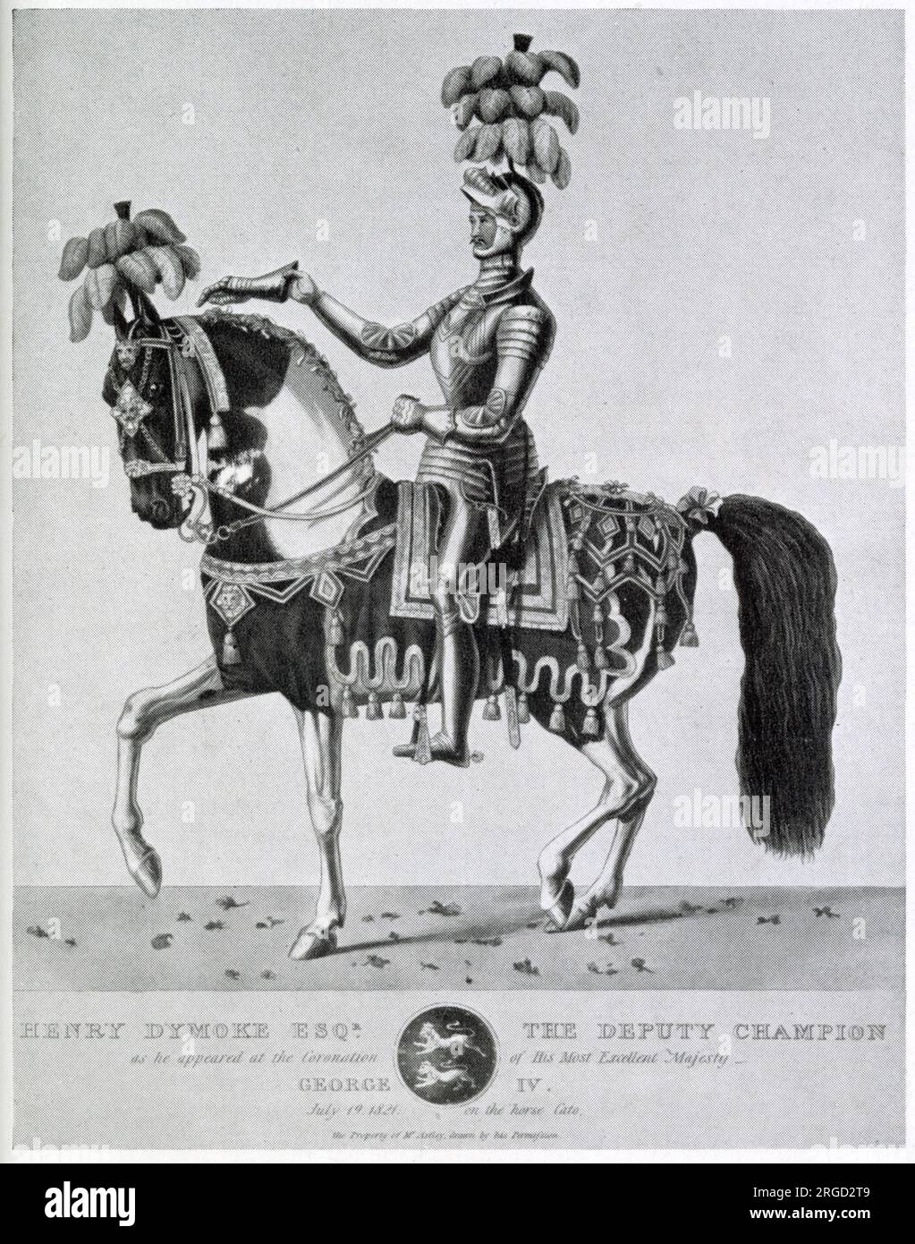 Henry Dymoke, en armure et à cheval en tant que champion du roi lors du couronnement de George IV le 19 juillet 1821. Le Champion du Roi était l'une des positions qui pouvaient être revendiquées, au service du souverain pendant la cérémonie. Le Champion du Roi montait dans Westminster Hall et jetait un gant ou un gant pour défier les ennemis du monarque (il n'y en avait généralement pas !). Le couronnement de George IV fut le dernier à inclure le champion du roi, mais les Dymoke continuèrent à prendre part aux couronnements ; plus récemment, un ancêtre d'Henry Dymoke porta l'étendard royal lors du couronnement de 1953 Banque D'Images