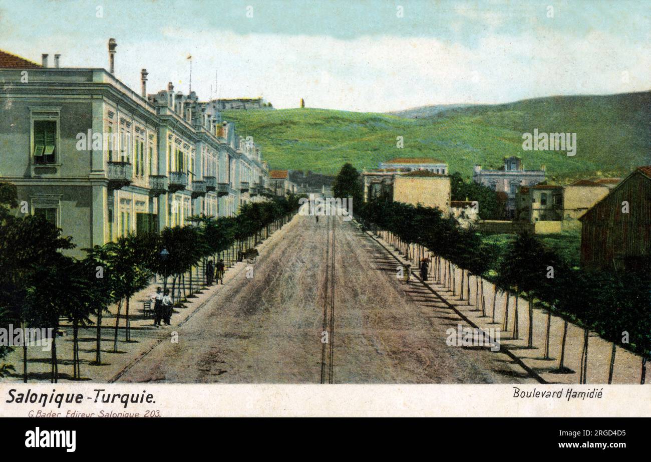 Thessalonique, Grèce (bien que cette carte date de la période de contrôle turc de la ville). Boulevard Hamidie. Banque D'Images