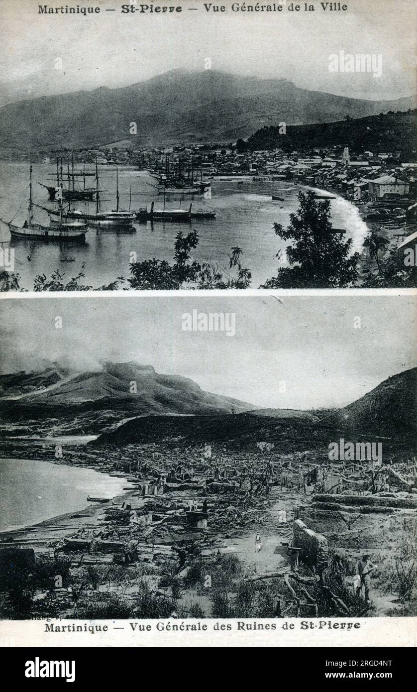 Martinique, une seule collectivité territoriale de la République française (ODR). Les vestiges de St. Pierre après l'éruption volcanique dévastatrice de 1902 du mont Pelée - creuser dans les ruines. Le prêtre de la ville à la catastrophe est également montré (haut) Banque D'Images