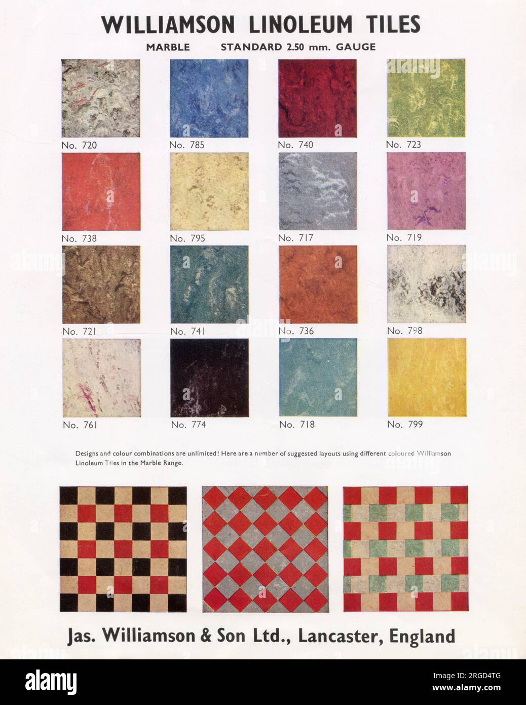 Page de la brochure de vente pour Williamson Linoleum Tiles de James Williamson & son Ltd, de Lancaster, Angleterre. La page montre différents coloris des carreaux lino ainsi que des idées de combinaison de design pour les revêtements de sol. Banque D'Images