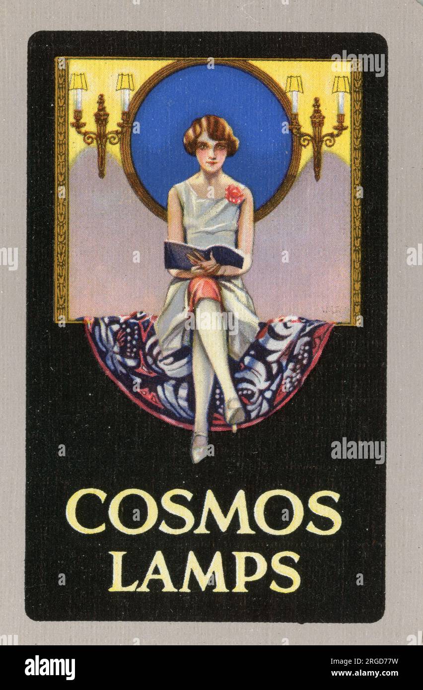 Publicité, lampes Cosmos, design Art Déco, lecture femme Banque D'Images