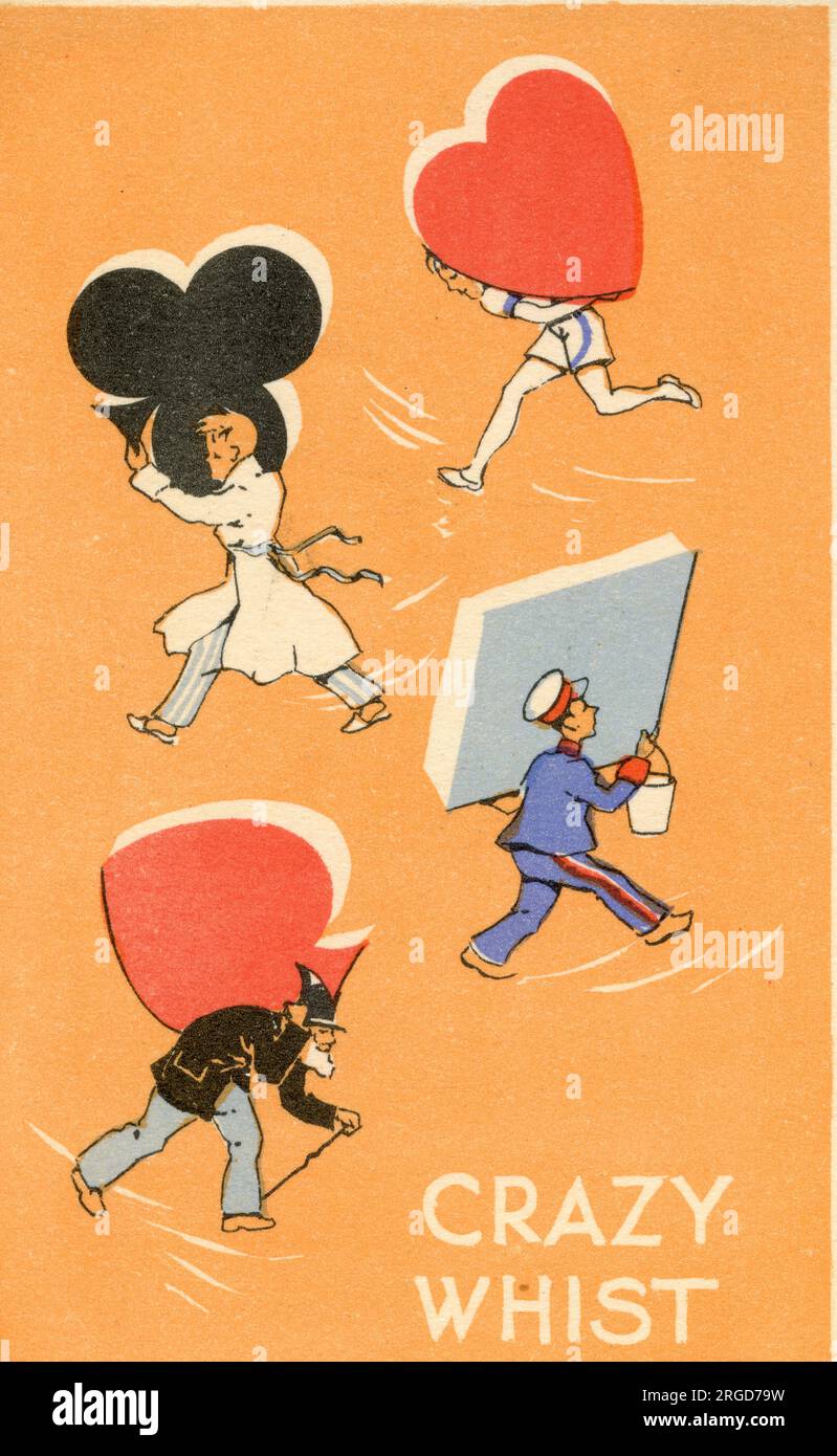 Crazy Whist jouant cartes Scorecard, quatre personnages portant des images géantes des quatre costumes Banque D'Images