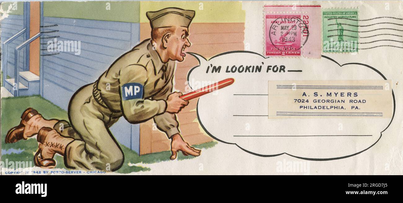 WW2 American Army Military police enveloppe de couverture postale comique Banque D'Images