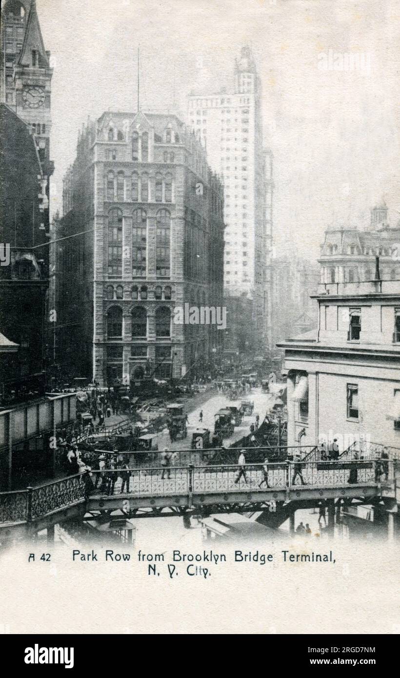 Park Row depuis Brooklyn Bridge terminal, New York, États-Unis. Banque D'Images