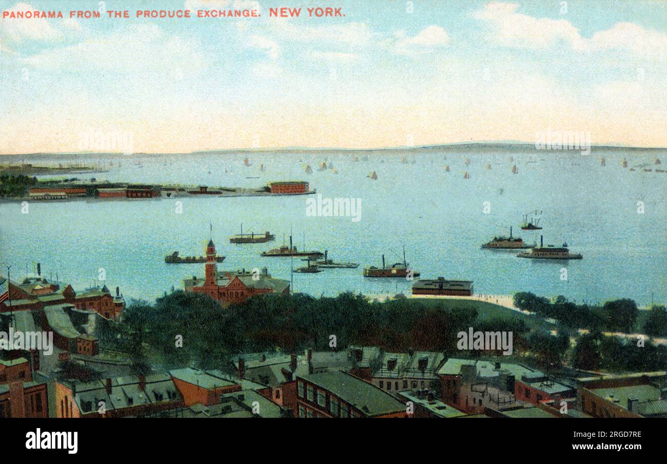 Panorama depuis le Produce Exchange, New York, USA - vue sur 'The Battery' (anciennement Battery Park). Banque D'Images