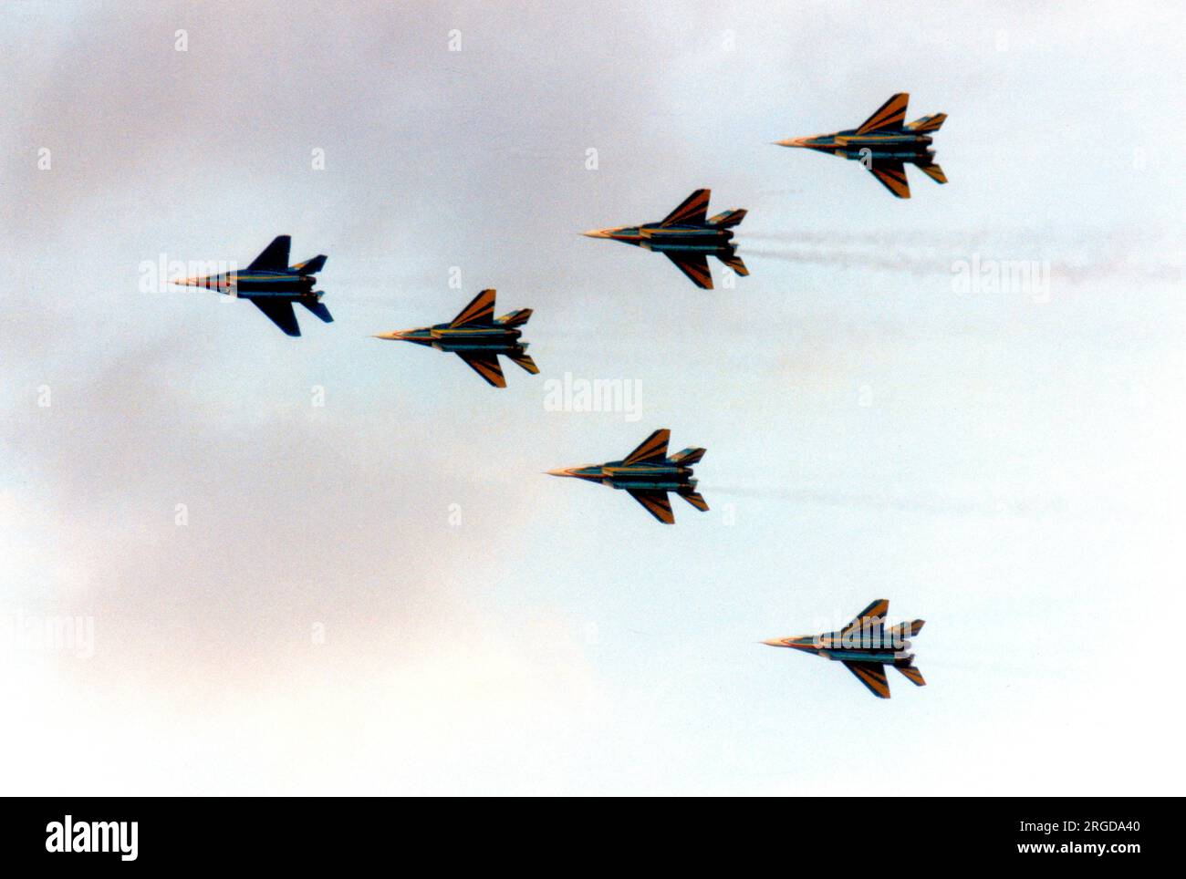 Armée de l'air ukrainienne - Mikoyan-Gurevich MIG-29a de l'équipe ukrainienne Falcons, à la RAF Fairford pour le Royal International Air Tattoo le 19 juillet 1997 Banque D'Images