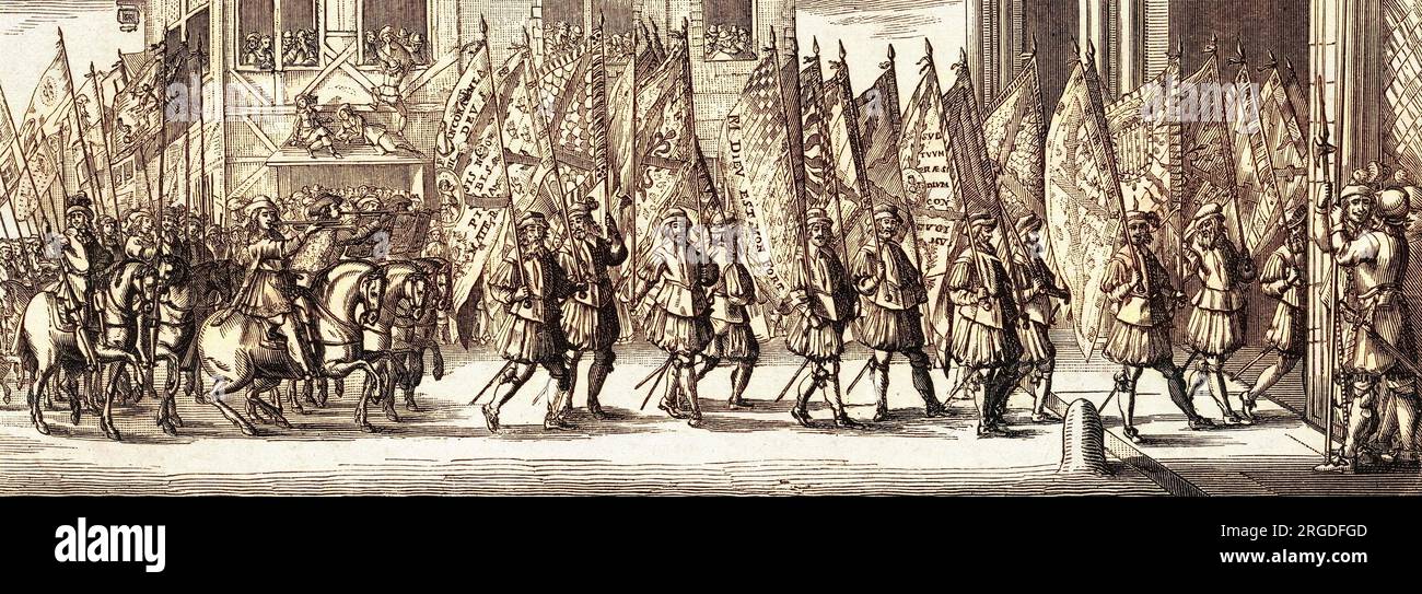 À l'occasion d'une victoire sur les Espagnols à Lens, les Parisiens sont traités pour une marche triomphale tandis que les drapeaux capturés et les armes sont portés à notre-Dame. Banque D'Images