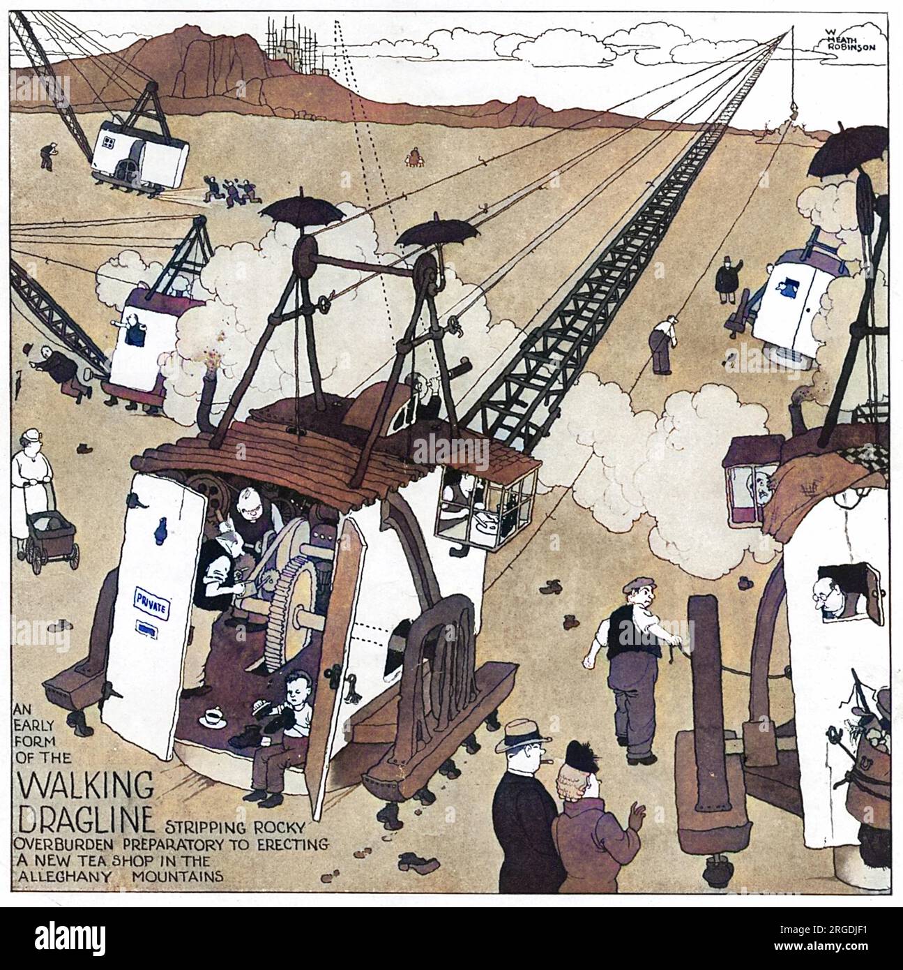 Une forme précoce de la dragline marchant déblayant les morts-terrains rocheux en préparation de l'érection d'un nouveau magasin de thé dans les montagnes Allegheny. Un engin typiquement rusé de l'esprit inventif de William Heath Robinson montrant une dragline marchante (en fait, la machine se déplace à l'aide de chaussures) préparant le terrain pour la construction d'un magasin de thé. Banque D'Images