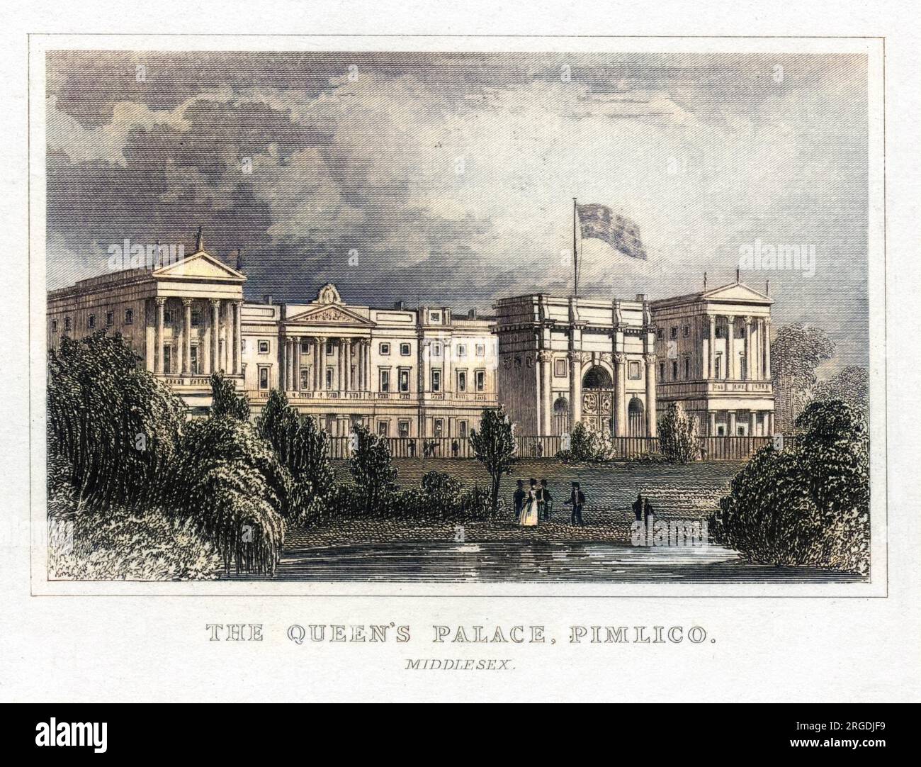 Buckingham Palace en 1846, avec Marble Arch visible au premier plan. Cinq ans plus tard, l'Arch sera déplacé dans le coin nord-est de Hyde Park. Banque D'Images