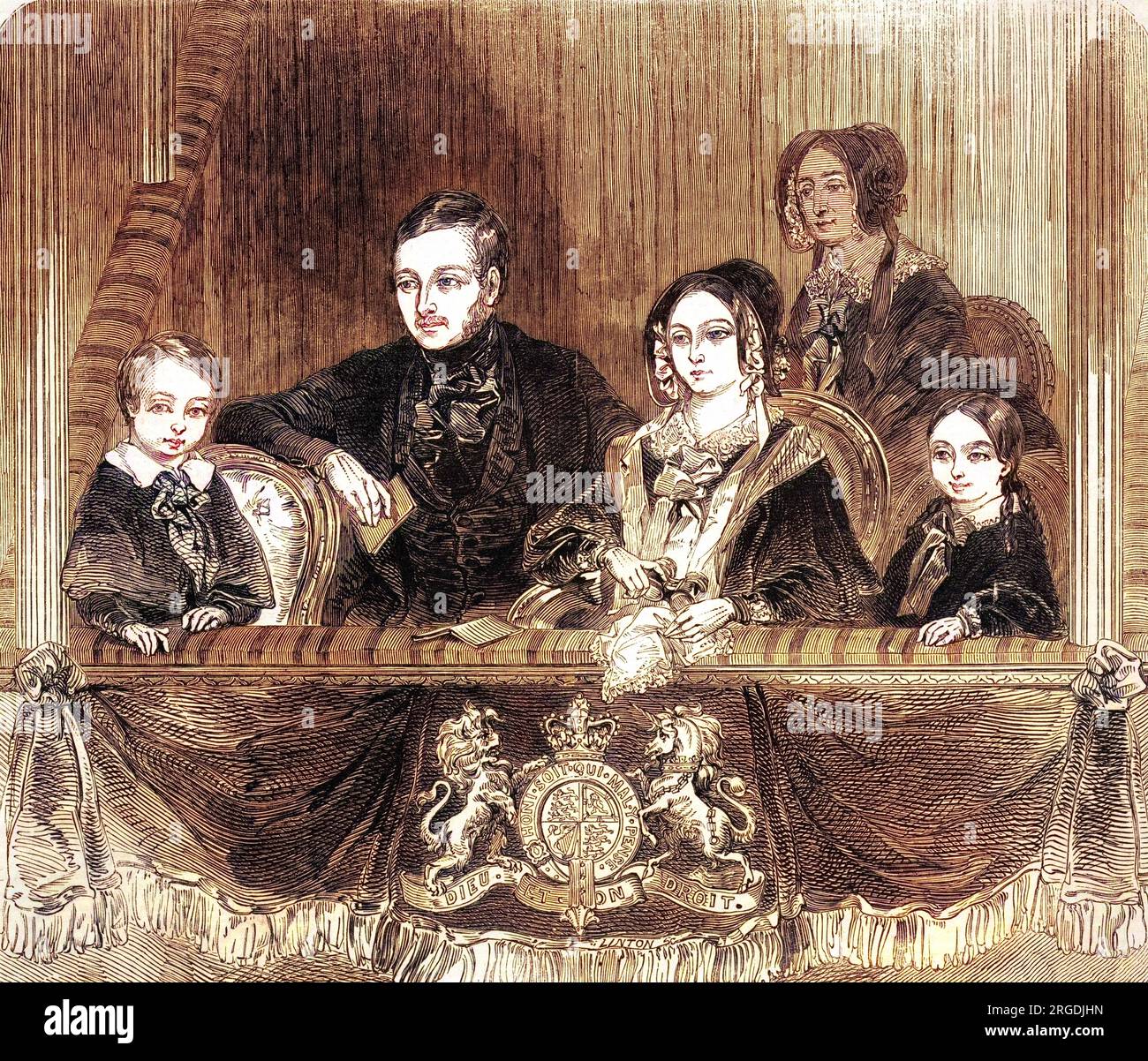 La reine Victoria (1819 - 1901), le prince Albert (1819 - 1861), et leurs deux enfants Vicky Princess Royal (1840 - 1901), plus tard impératrice allemande, et Edward Prince of Wales (1841 - 1910) (plus tard Édouard VII) profitent d'une visite à l'amphithéâtre Astley, Londres. Banque D'Images