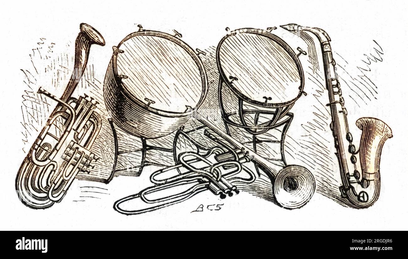 Le nouveau saxhorn, trombone et saxophone : instruments de musique développés par Adolphe Sax. Banque D'Images