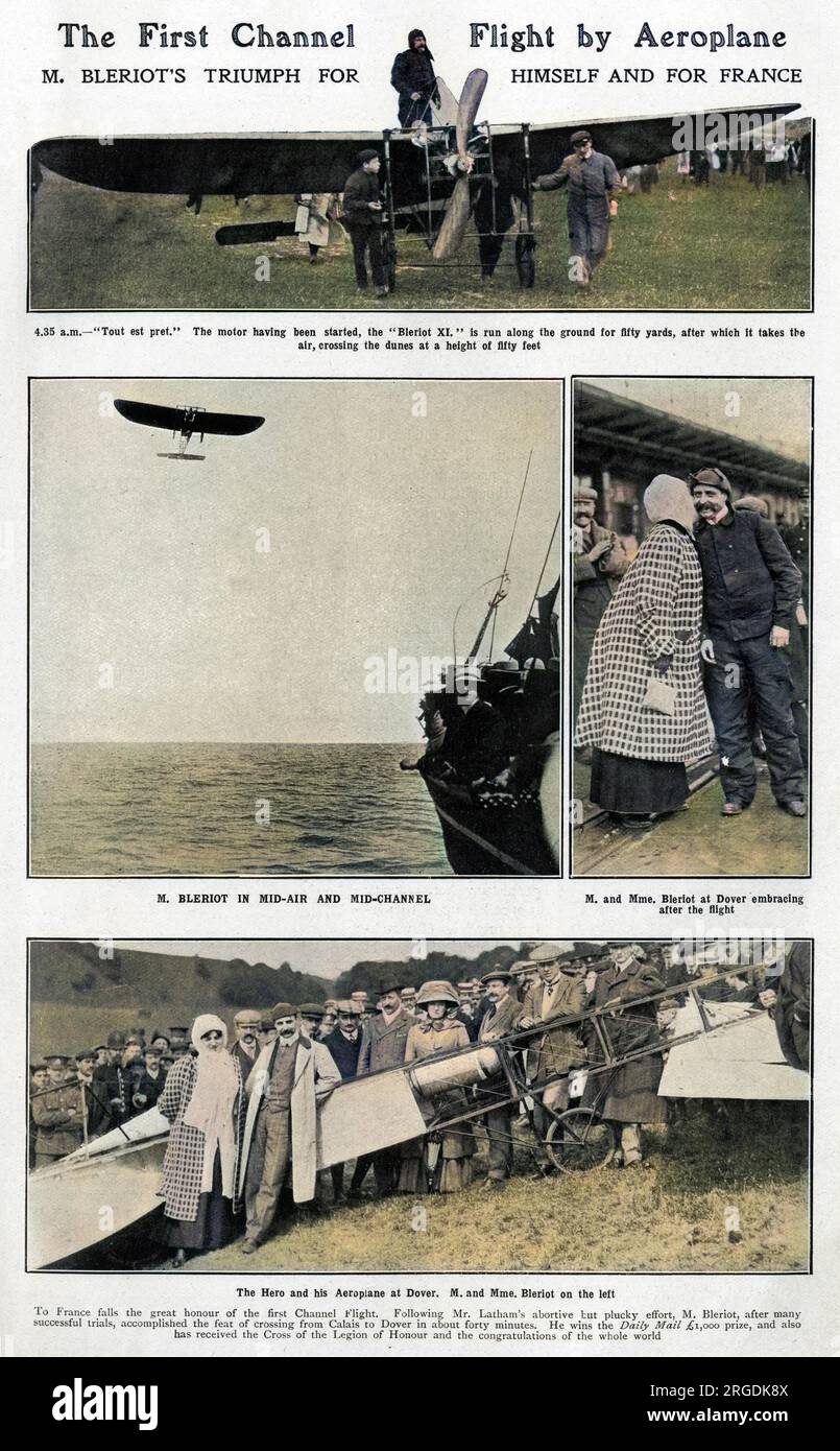Page de photos montrant le vol réussi de Louis Bleriot à travers la Manche de Calais à Douvres en quarante minutes. Banque D'Images