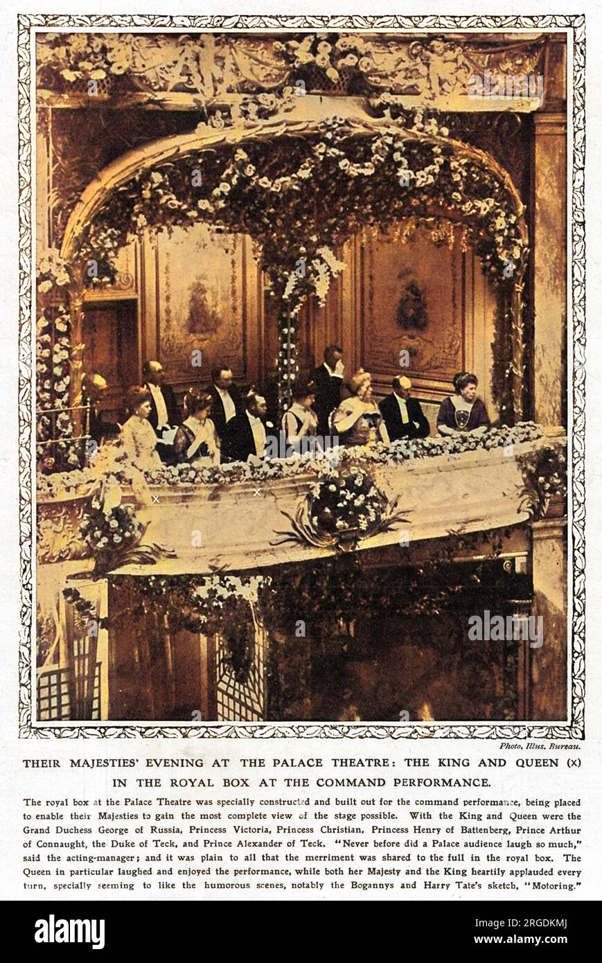 La première représentation du Royal Variety Show, alors connue sous le nom de The Command Performance, au Palace Theatre en 1912.la boîte royale, spécialement construite pour donner la vue la plus complète possible de la scène, contenait le roi George V, la reine Mary, le grand duchesse George de Russie, la princesse Victoria, la princesse chrétienne, La princesse Henry de Battenburg, le prince Arthur de Connaught, le duc de Teck et le prince Alexander de Teck. "Jamais auparavant, un public du Palais n'a autant rigolé", a déclaré le Manager en exercice, la fête royale appréciant particulièrement les scènes humoristiques. Banque D'Images