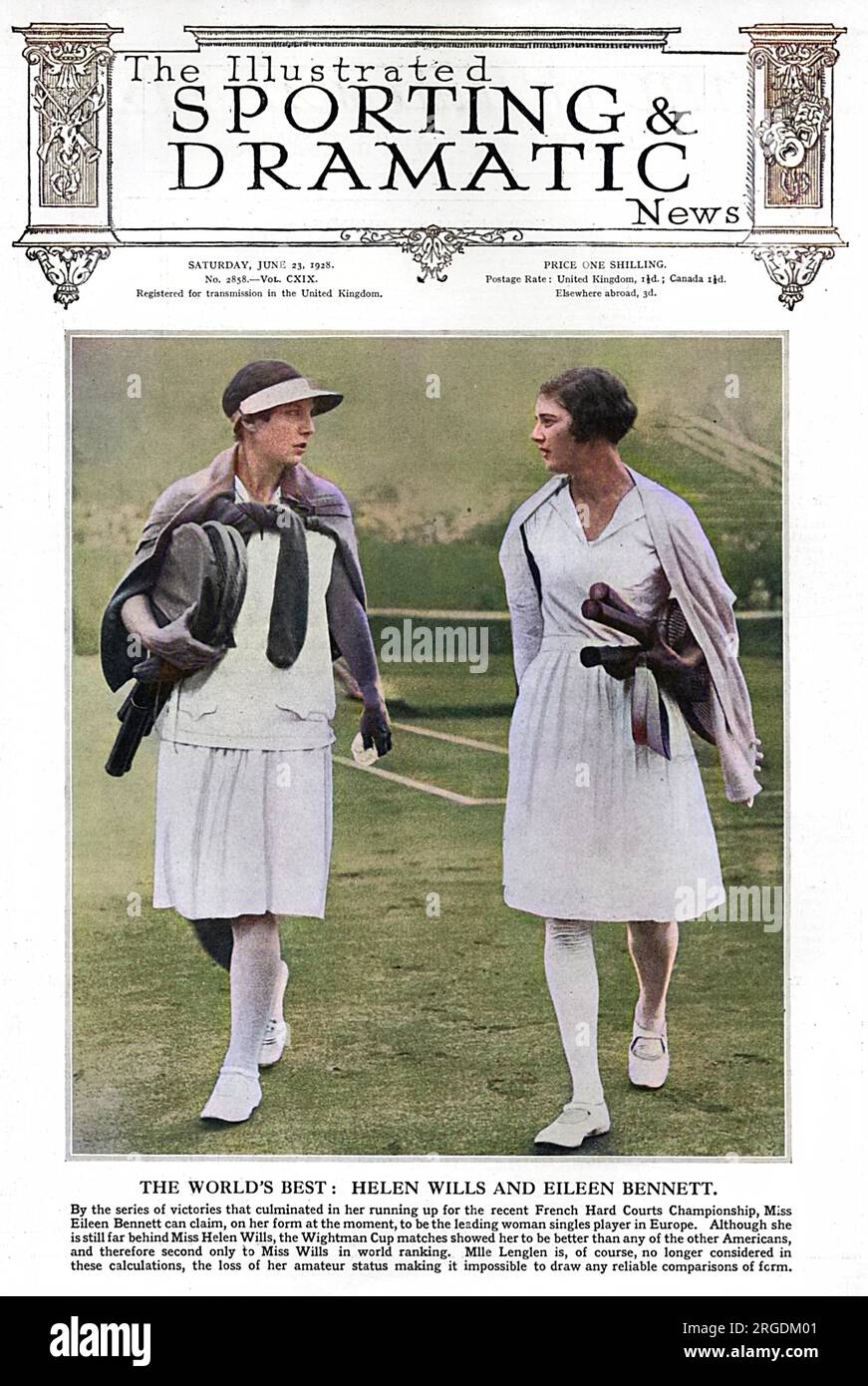 Couverture de The Illustrated Sporting and Dramatic News avec une photographie de Helen Wills (Moody), la joueuse américaine qui a remporté le championnat de Wimbledon huit fois, avec Eileen Bennett. Les deux étaient respectivement n°1 et n°2 au classement mondial en 1928. Banque D'Images