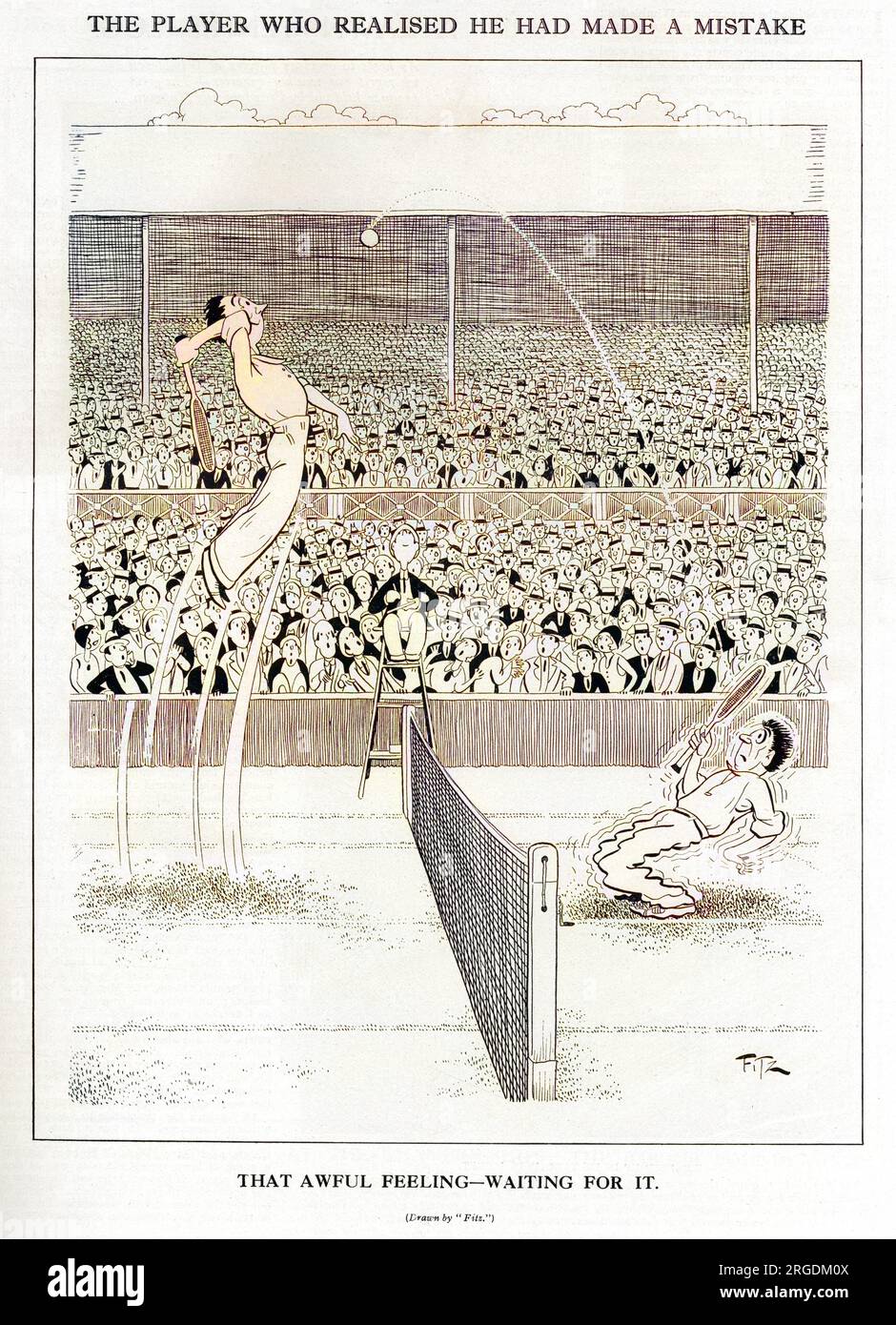 Illustration humoristique de Fitz, visualisant « ce sentiment horrible - en attente » alors qu'un joueur de tennis regrette son lob mal jugé contre son adversaire qui saute pour écraser la balle et gagner un point. Banque D'Images