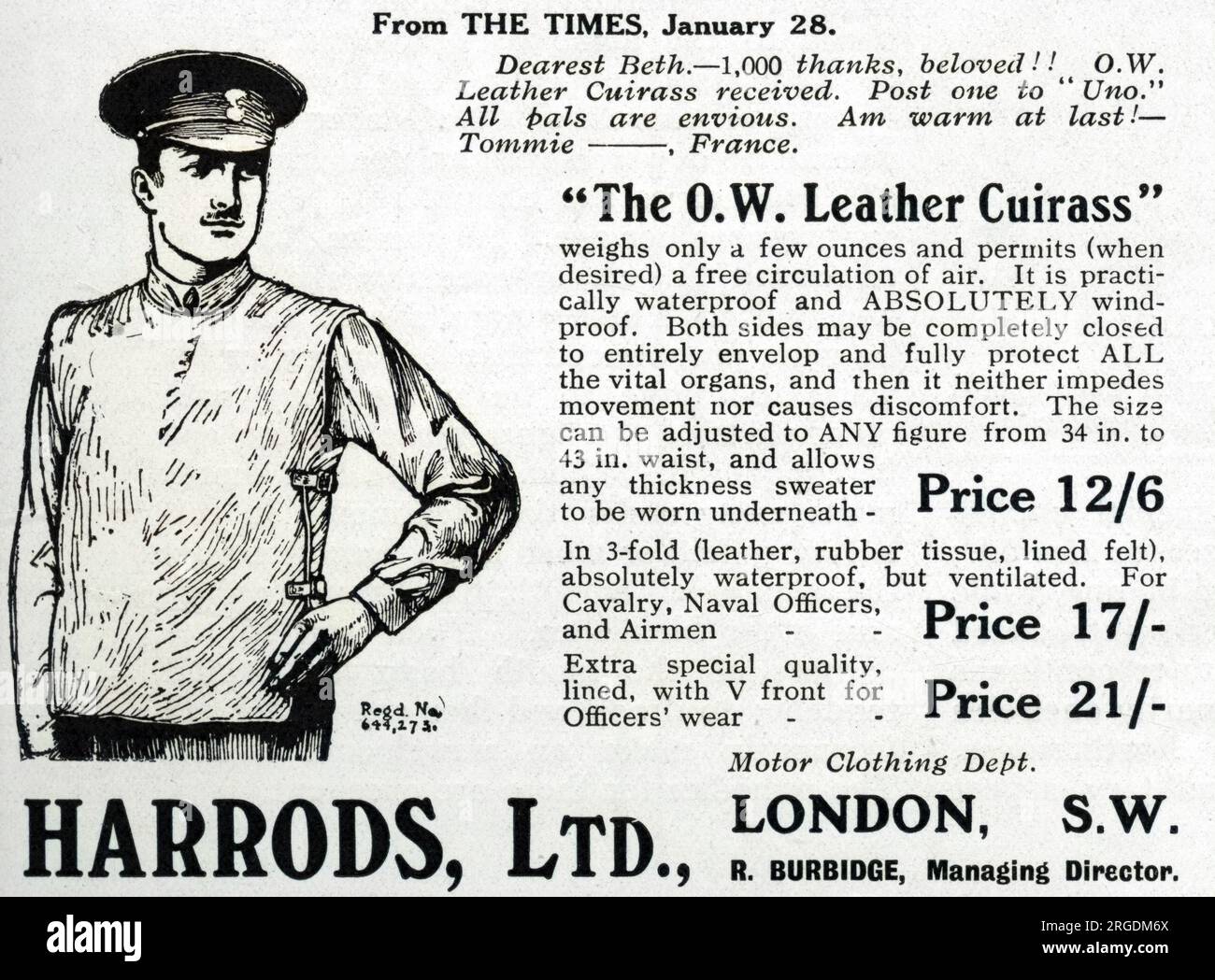 Publicité Harrods de 1915, spécifiquement pour la 'O. W. cuir cuirasse', une sorte de jerkin de protection - imperméable à l'eau, coupe-vent et lorsqu'il est complètement fixé, protège entièrement TOUS LES organes vitaux. Banque D'Images