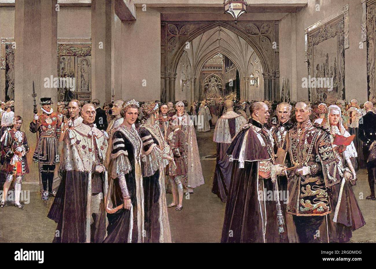 Ecclésiastiques, éminents officiers d'État et régalia porteurs attendant l'arrivée du roi George VI et de la reine Elizabeth dans le hall tapisté de l'annexe temporaire de l'abbaye de Westminster. À l'extrême gauche se trouve le vicomte Lascelles, fils aîné de la princesse royale, l'un des porteurs de train du roi. Le centre gauche du groupe comprend le duc de Buccleuch, le Lord Steward; le maréchal Lord Milne, porteur de la deuxième épée; le comte de Cromer, le Lord Chamberlain; et la duchesse de Norfolk, porte-voûte de la Reine. Les deux ecclésiastiques qui se trouvent au centre sont l'archevêque de Banque D'Images
