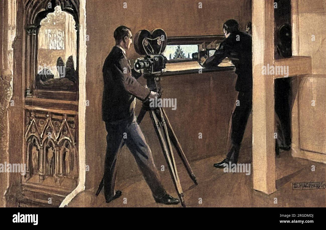 Un dessin schématique par Douglas Macpherson de la fenêtre construite derrière la tombe de Saint Aymer de Valence dans le sanctuaire de l'abbaye et regardant vers l'intérieur sur le théâtre du couronnement où le couronnement du roi George VI a eu lieu. Grâce à cela, les opérateurs cinématographiques ont obtenu leur enregistrement de la cérémonie ayant une position presque parfaite pour leur travail, mais en même temps étant presque complètement cachés de la vue. La chambre a été rendue insonorisée par le verre plat dans la fenêtre de fente et par le rembourrage des murs. Banque D'Images