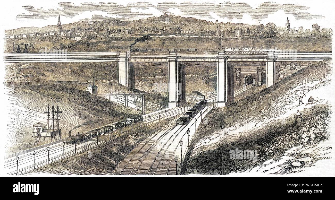 Le viaduc du chemin de fer de Camden Town traversant le chemin de fer Direct York, vu du pont à l'extrémité supérieure de Maiden Lane, Londres en 1851. Copenhagen Fields peut être vu à l'horizon. Banque D'Images