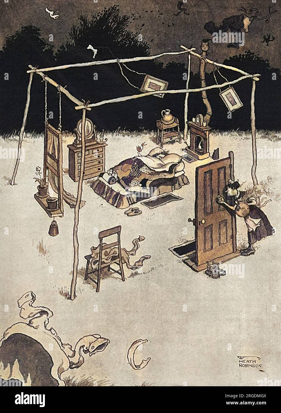 Une nouvelle chambre à air frais pour la prévention de la grippe. Une chambre extérieure conçue par le toujours inventif William Heath Robinson, construite (ou plutôt aménagée) pour éviter les dangers de la grippe espagnole qui balayait le globe de 1918 à 1919. Banque D'Images