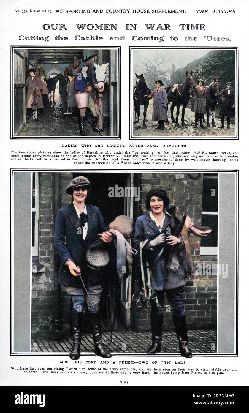 Page de The Tatler sur les femmes du Berkshire qui, sous le 'generalship' de M. Cecil Aldin, South Berks (célèbre artiste sportif et animal ainsi que Maître des Foxhounds), conditionnaient les remontes de l'armée dans l'un des dépôts du Berkshire. Mlle Iris Ford et sa sœur, « qui sont très bien connus à Londres » sont vues sur la photo. Tout le travail, des écuries à l'exercice, est fait par des dames de chasse bien connues sous la supervision d'un "chef lad" qui était aussi une dame! Le Tatler décrit le travail comme fait le long des lignes 'très pratique et est très dur, les heures étant de 7 heures à Banque D'Images