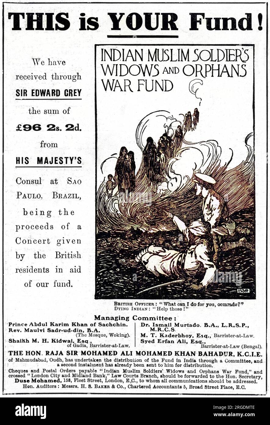 Publicité pour le Fonds de guerre des veuves et des orphelins des soldats musulmans indiens, qui recueille des fonds pour fournir aide et assistance aux familles des soldats indiens tombés au combat pendant la première Guerre mondiale. Banque D'Images